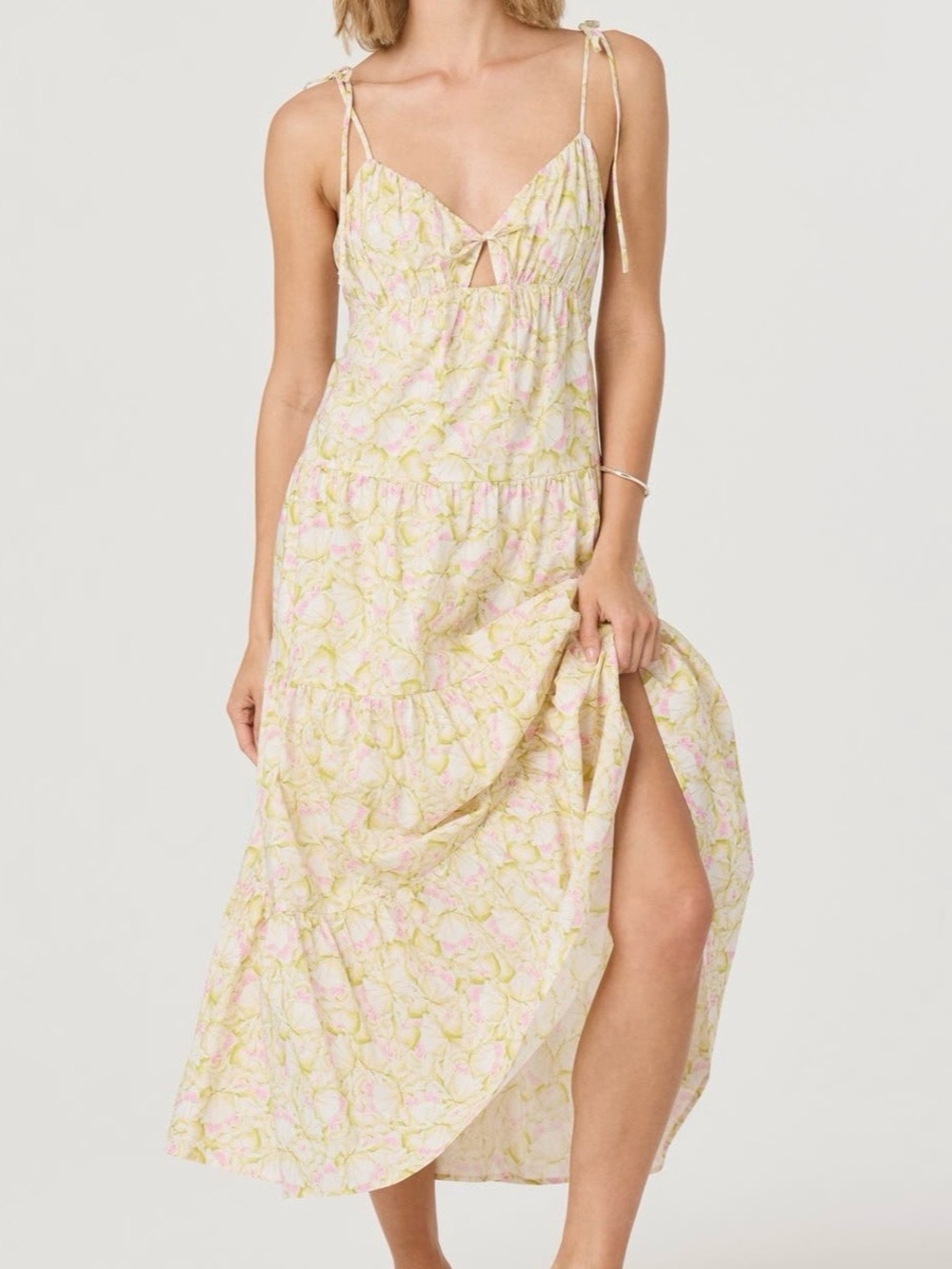 New Astr The Label Tie-Front Pastel Floral Maxi Dress Pink /Pale Green medium